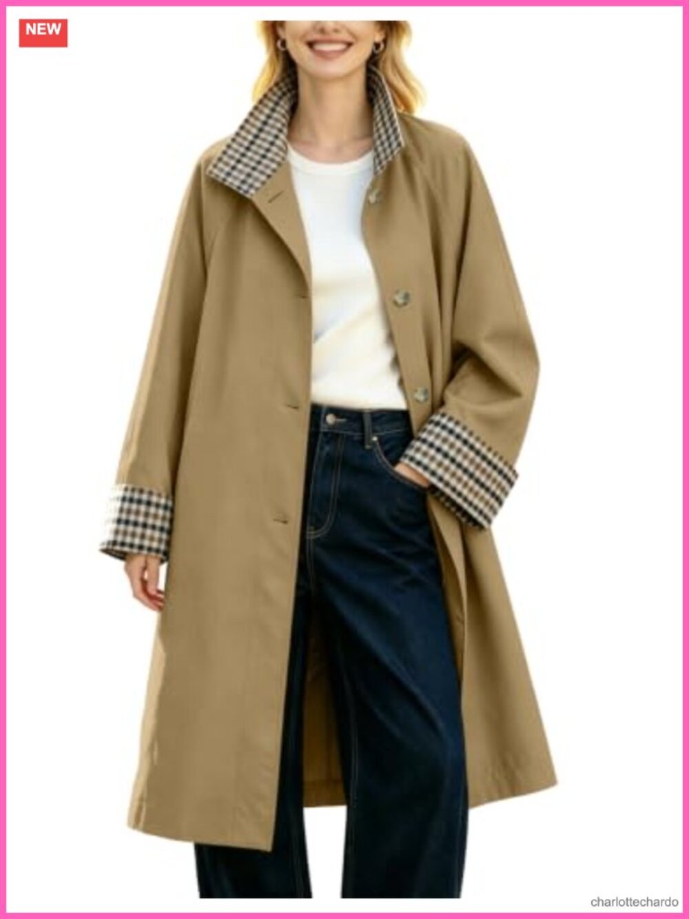 Womens Long Plaid Trench Coat Single Breasted Cotton Raglan Sleeve Jacket